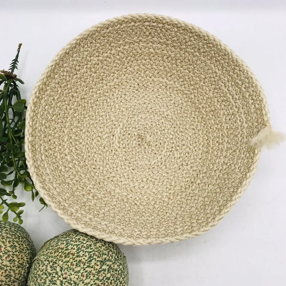 Rope Basket Beige Cream with 5 Vintage Style Balls in Green Handmade 7x7x2.5